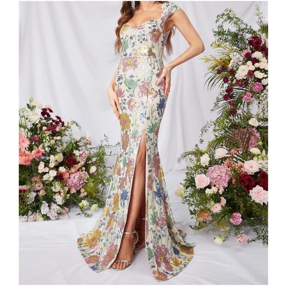 Luxe Floral Sequin Mermaid Hem Wedding Evening Formal Dress - Picture 3 of 9